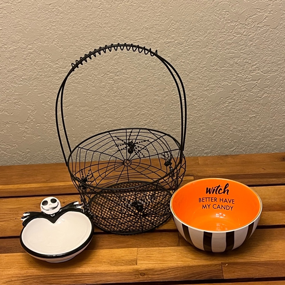 Halloween Candy Dish Set Spiderweb Basket, Witch Bowl, Jack Skellington Dish